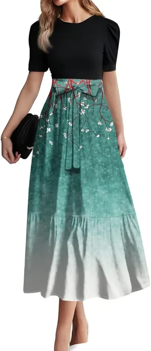 Summer Dresses for Women- 2025 Floral Print Wrap Short Sleeve Maxi Dress Patchwork Ruffle Hem A Line Dress