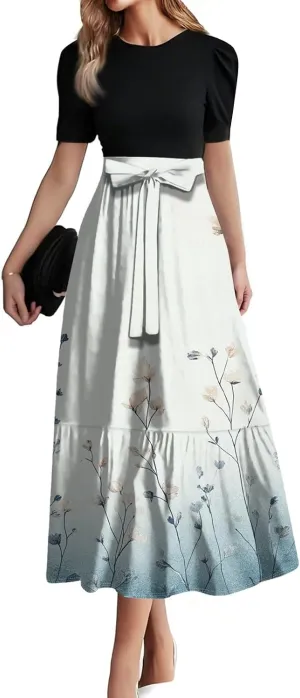 Summer Dresses for Women- 2025 Floral Print Wrap Short Sleeve Maxi Dress Patchwork Ruffle Hem A Line Dress