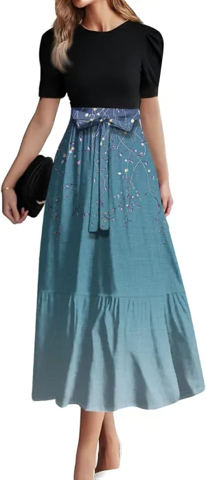 Summer Dresses for Women- 2025 Floral Print Wrap Short Sleeve Maxi Dress Patchwork Ruffle Hem A Line Dress