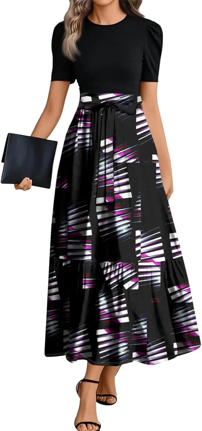 Summer Dresses for Women 2025 Geometric Splicing Elegant Wrap Short Sleeve Maxi Dress Patchwork Ruffle Hem A Line Dress