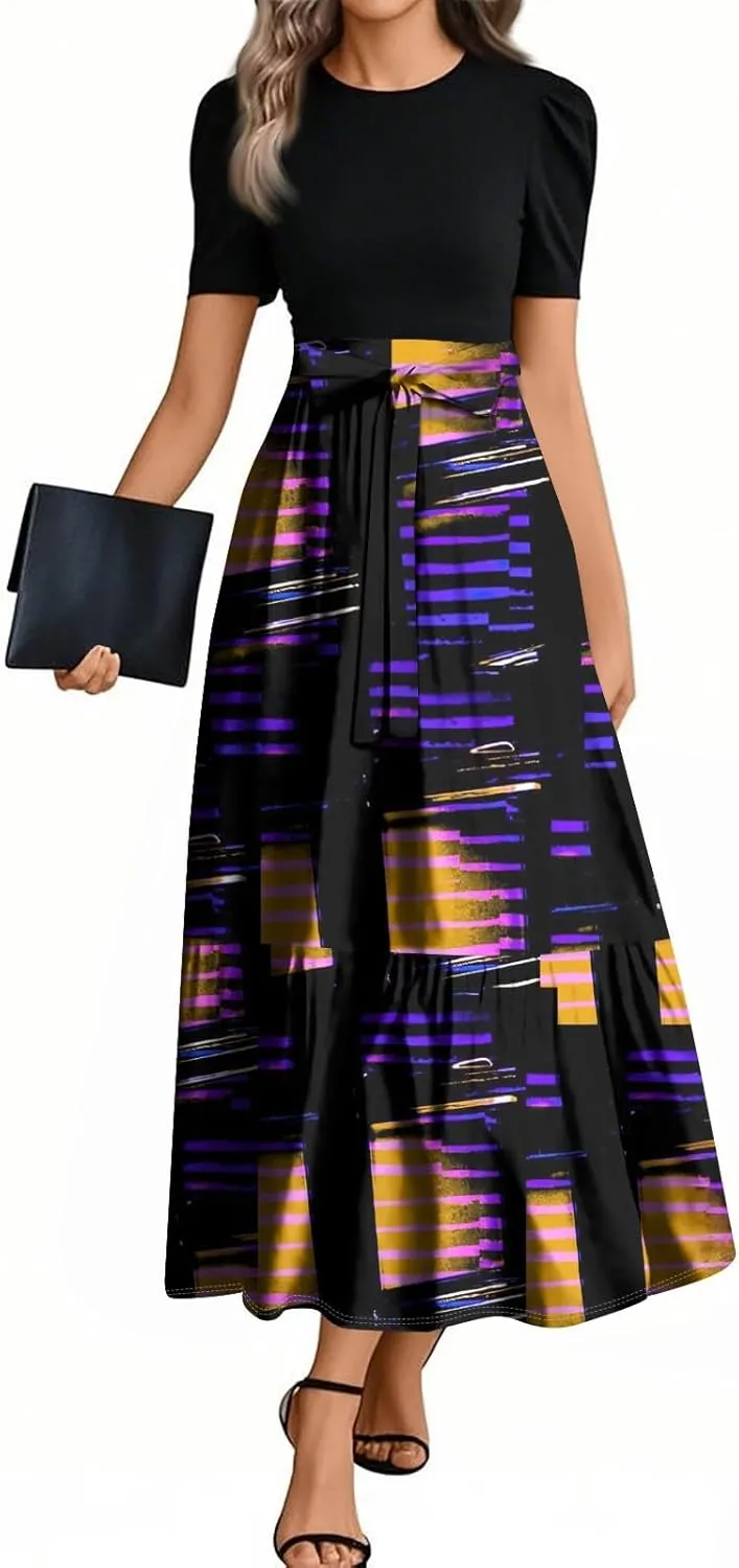 Summer Dresses for Women 2025 Geometric Splicing Elegant Wrap Short Sleeve Maxi Dress Patchwork Ruffle Hem A Line Dress