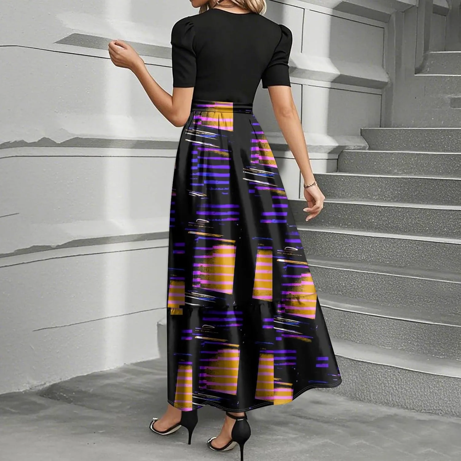 Summer Dresses for Women 2025 Geometric Splicing Elegant Wrap Short Sleeve Maxi Dress Patchwork Ruffle Hem A Line Dress