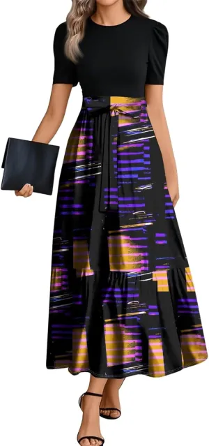 Summer Dresses for Women 2025 Geometric Splicing Elegant Wrap Short Sleeve Maxi Dress Patchwork Ruffle Hem A Line Dress
