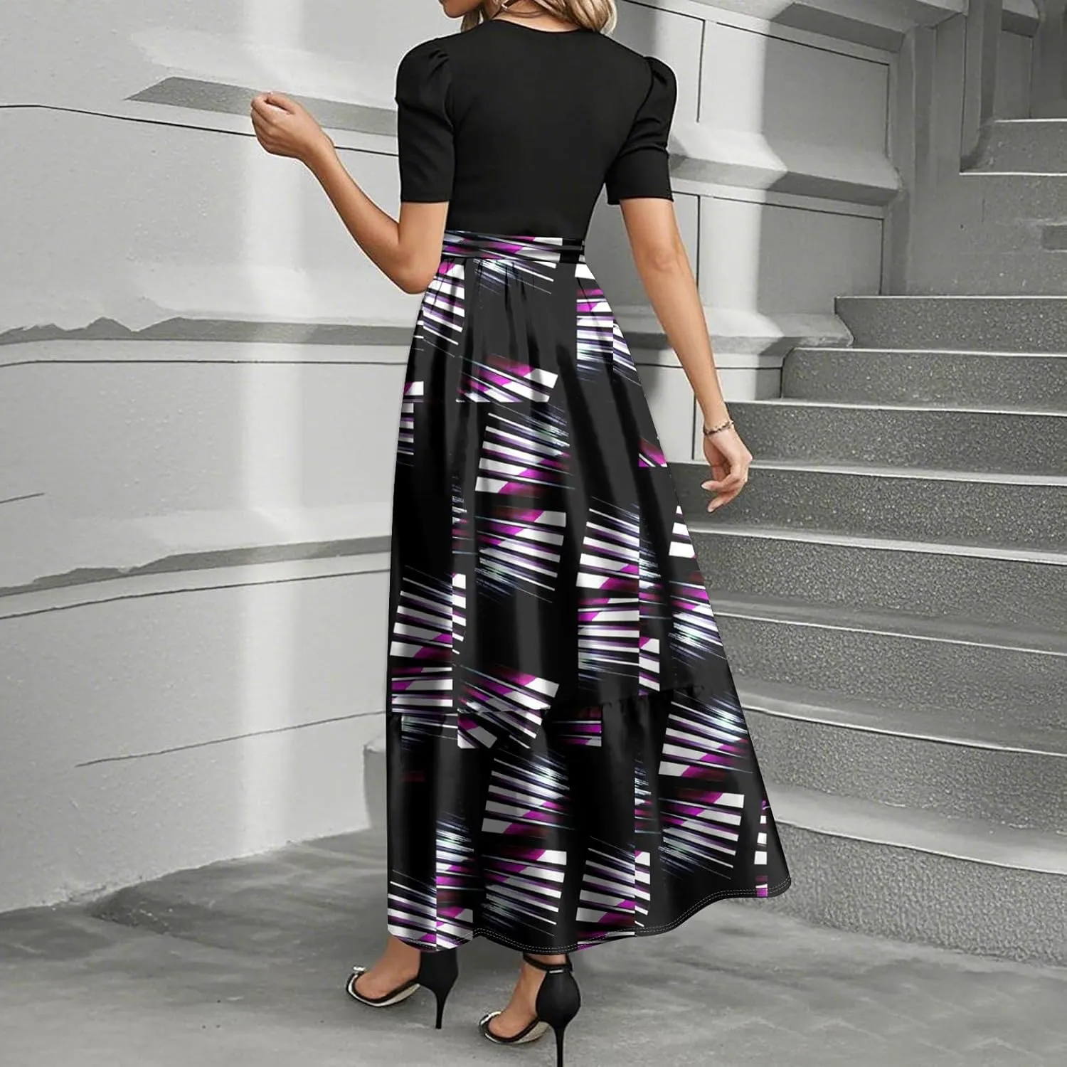 Summer Dresses for Women 2025 Geometric Splicing Elegant Wrap Short Sleeve Maxi Dress Patchwork Ruffle Hem A Line Dress