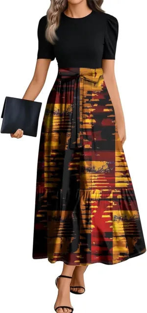 Summer Dresses for Women 2025 Geometric Splicing Elegant Wrap Short Sleeve Maxi Dress Patchwork Ruffle Hem A Line Dress