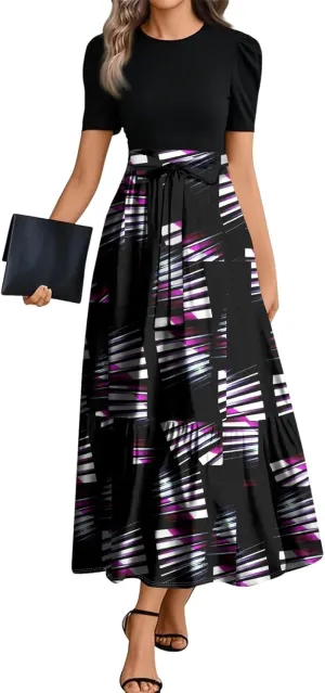 Summer Dresses for Women 2025 Geometric Splicing Elegant Wrap Short Sleeve Maxi Dress Patchwork Ruffle Hem A Line Dress