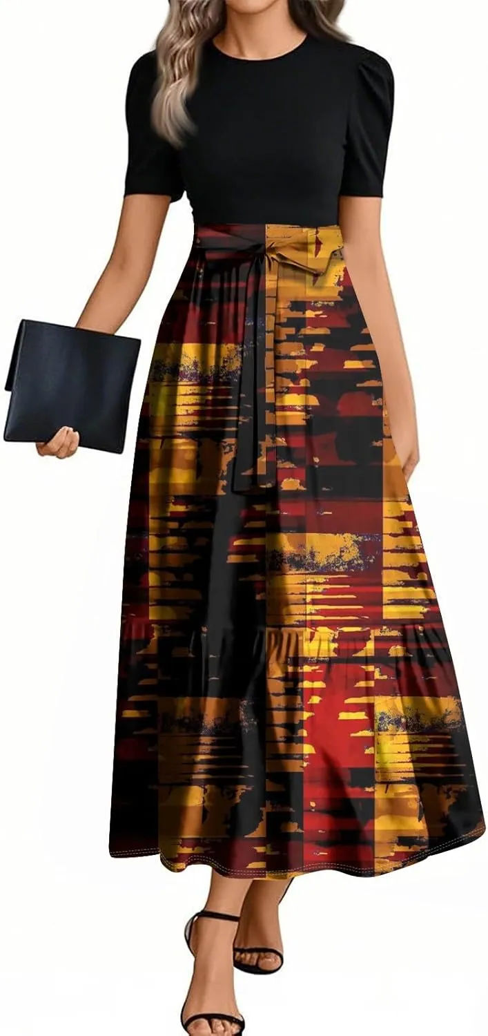 Summer Dresses for Women 2025 Geometric Splicing Elegant Wrap Short Sleeve Maxi Dress Patchwork Ruffle Hem A Line Dress