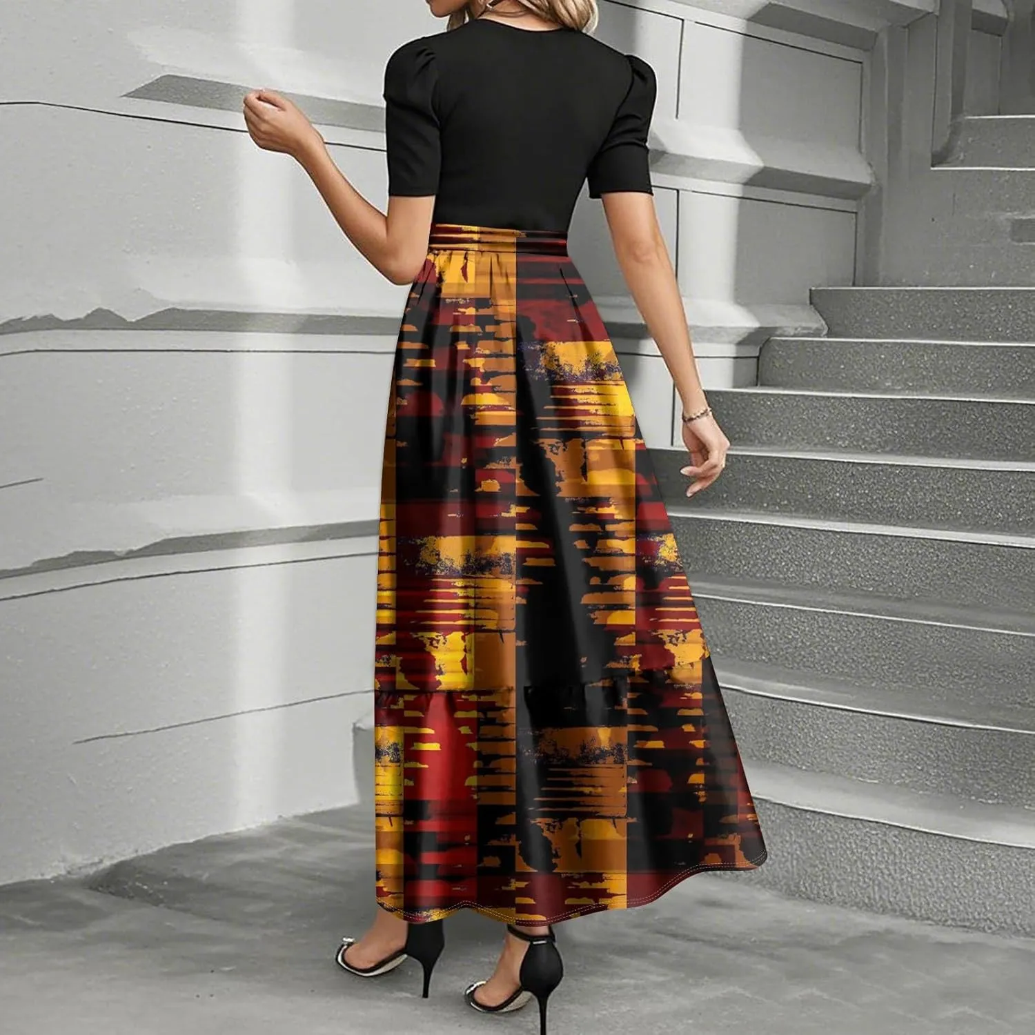 Summer Dresses for Women 2025 Geometric Splicing Elegant Wrap Short Sleeve Maxi Dress Patchwork Ruffle Hem A Line Dress