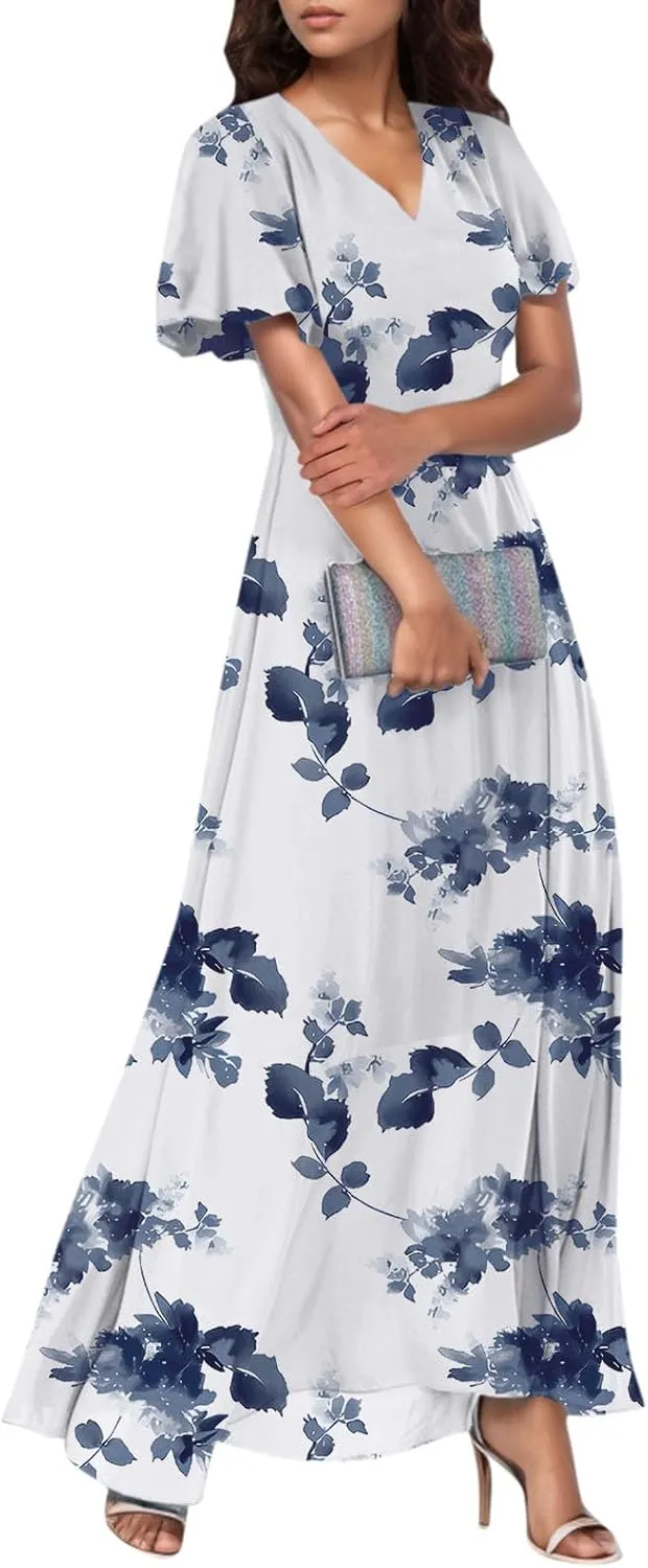 Summer Dresses for Women Highwaisted Flowy Maxi Dress Chiffon Ruffle Sleeve Boho Floral Dresses Western Wedding Dress