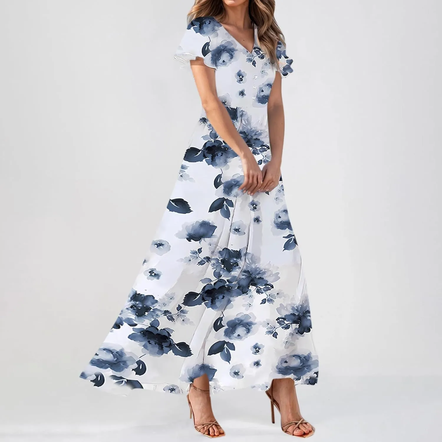 Summer Dresses for Women Highwaisted Flowy Maxi Dress Chiffon Ruffle Sleeve Boho Floral Dresses Western Wedding Dress