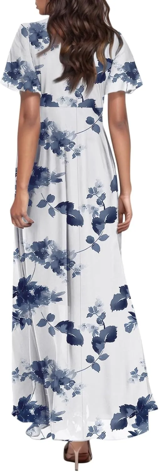 Summer Dresses for Women Highwaisted Flowy Maxi Dress Chiffon Ruffle Sleeve Boho Floral Dresses Western Wedding Dress