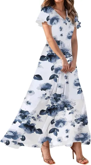 Summer Dresses for Women Highwaisted Flowy Maxi Dress Chiffon Ruffle Sleeve Boho Floral Dresses Western Wedding Dress