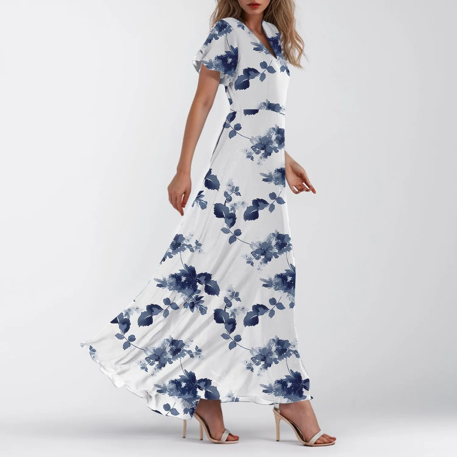 Summer Dresses for Women Highwaisted Flowy Maxi Dress Chiffon Ruffle Sleeve Boho Floral Dresses Western Wedding Dress