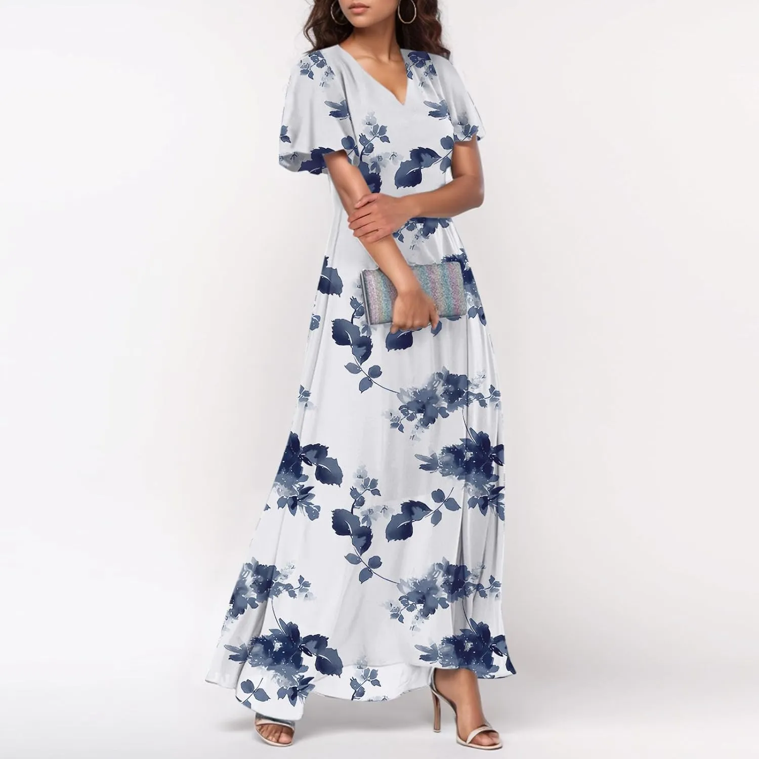 Summer Dresses for Women Highwaisted Flowy Maxi Dress Chiffon Ruffle Sleeve Boho Floral Dresses Western Wedding Dress