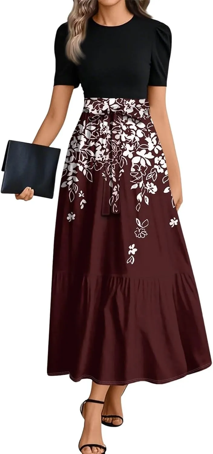 Summer Dresses for Women Ruffle Hem Maxi Dress Short Sleeve Creneck Smocked Dress Fitted Party Dresses with Belt