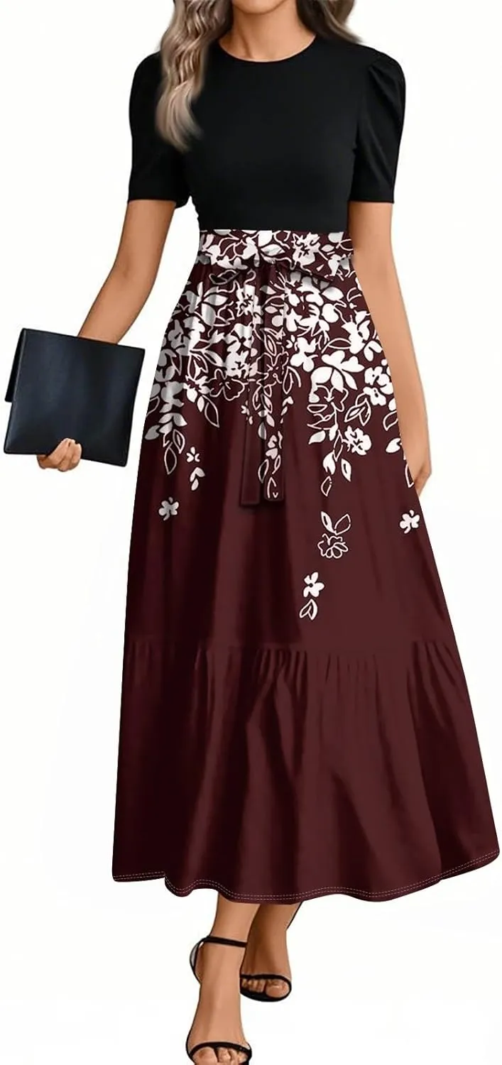 Summer Dresses for Women Ruffle Hem Maxi Dress Short Sleeve Creneck Smocked Dress Fitted Party Dresses with Belt