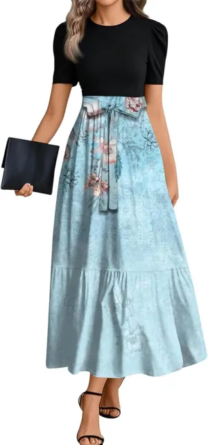 Summer Dresses for Women Ruffle Hem Maxi Dress Short Sleeve Creneck Smocked Dress Fitted Party Dresses with Belt