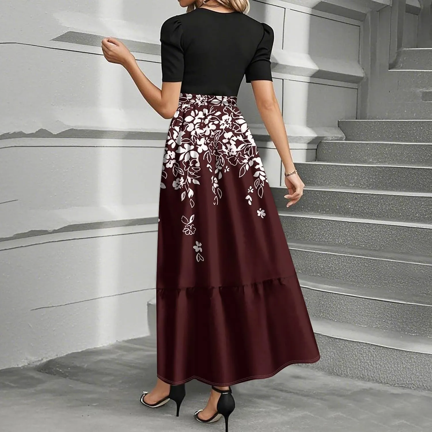 Summer Dresses for Women Ruffle Hem Maxi Dress Short Sleeve Creneck Smocked Dress Fitted Party Dresses with Belt