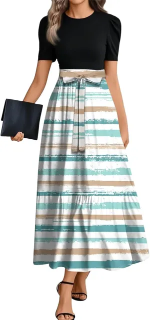 Summer Dresses for Women Ruffle Hem Maxi Dress Short Sleeve Creneck Smocked Dress Fitted Party Dresses with Belt