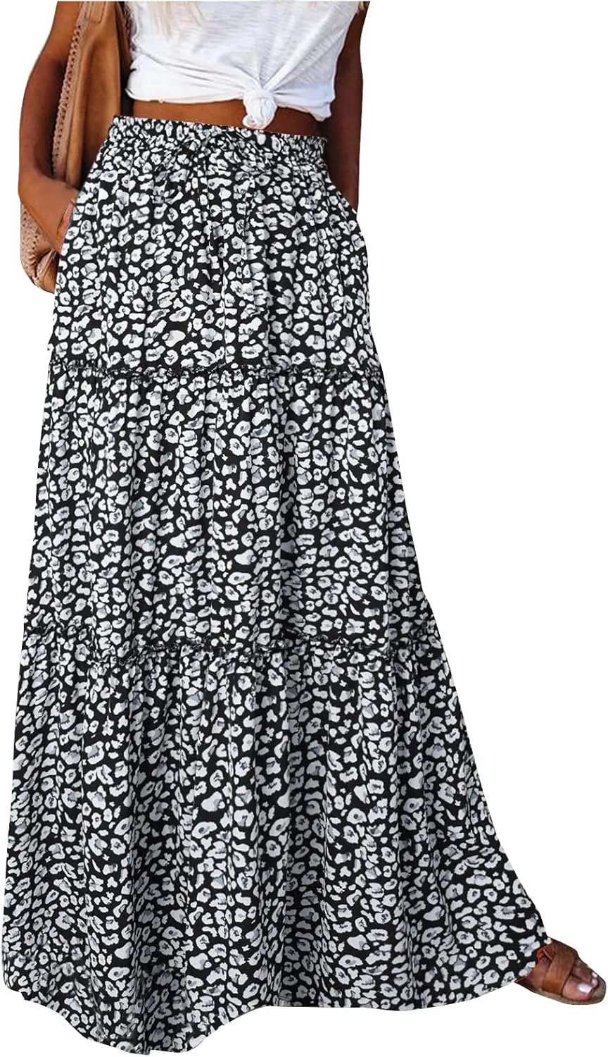 Summer Maxi Dresses for Women 2025 Drawstring High Waisted A Line Skirt Loose Tiered Smocked Skirts Long with Pockets