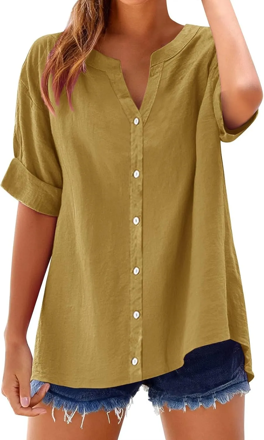Summer Shirts for Women 2025 Linen Work Tops Trendy Button Down Henley V Neck Shirt Solid Casual Blouses Daily Clothes
