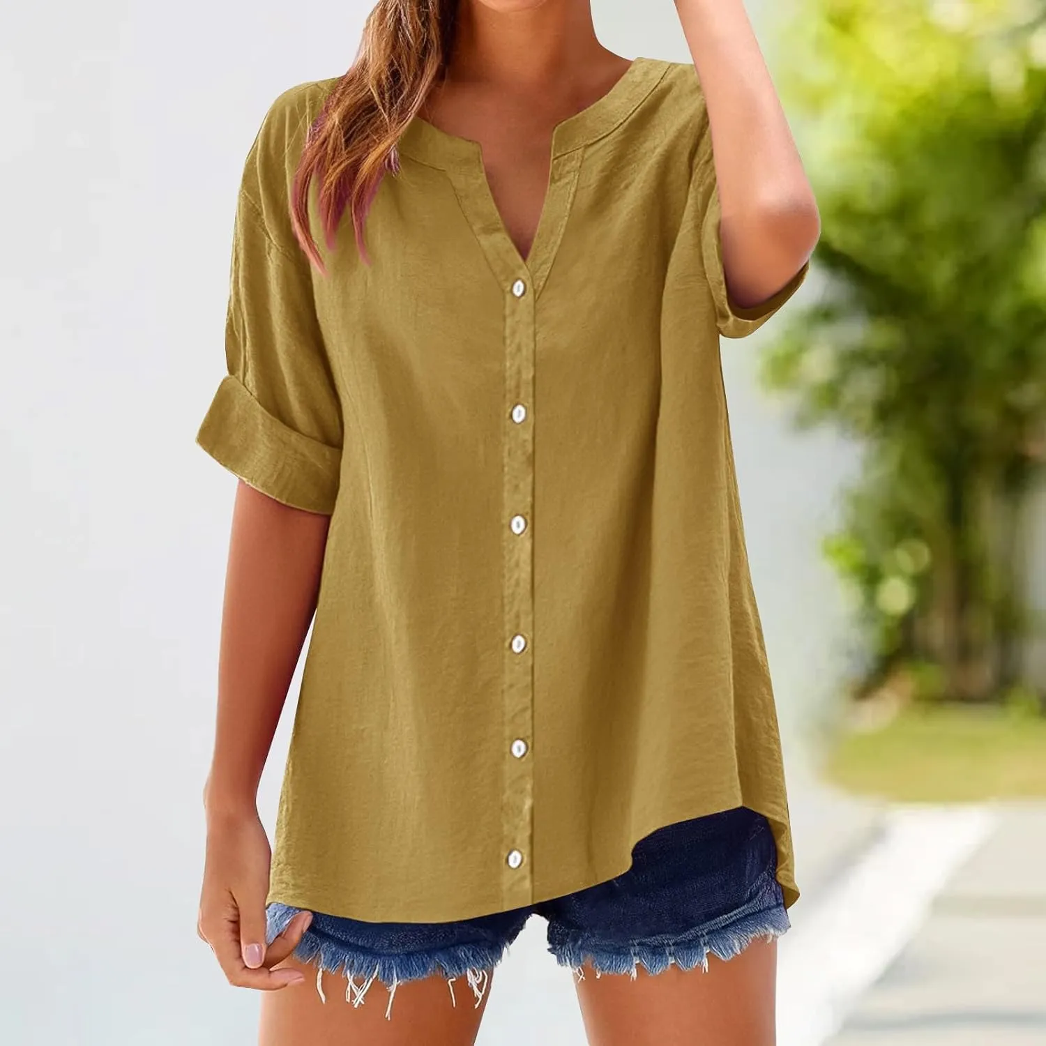 Summer Shirts for Women 2025 Linen Work Tops Trendy Button Down Henley V Neck Shirt Solid Casual Blouses Daily Clothes