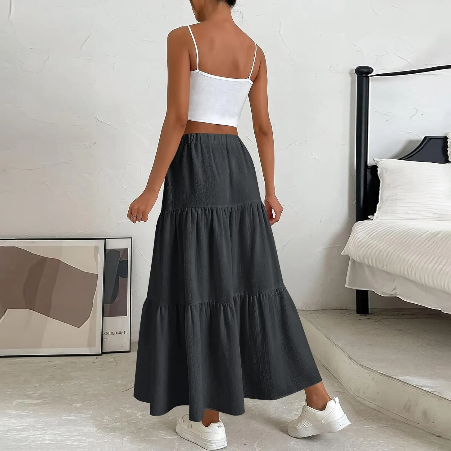 Summer Skirt for Women 2025 Maxi Skirt Drawstring Elastic High Waisted Smocked Tiered Aline Skirts Flowy Long Skirts