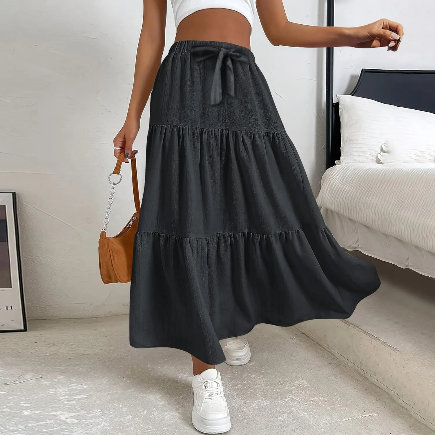 Summer Skirt for Women 2025 Maxi Skirt Drawstring Elastic High Waisted Smocked Tiered Aline Skirts Flowy Long Skirts