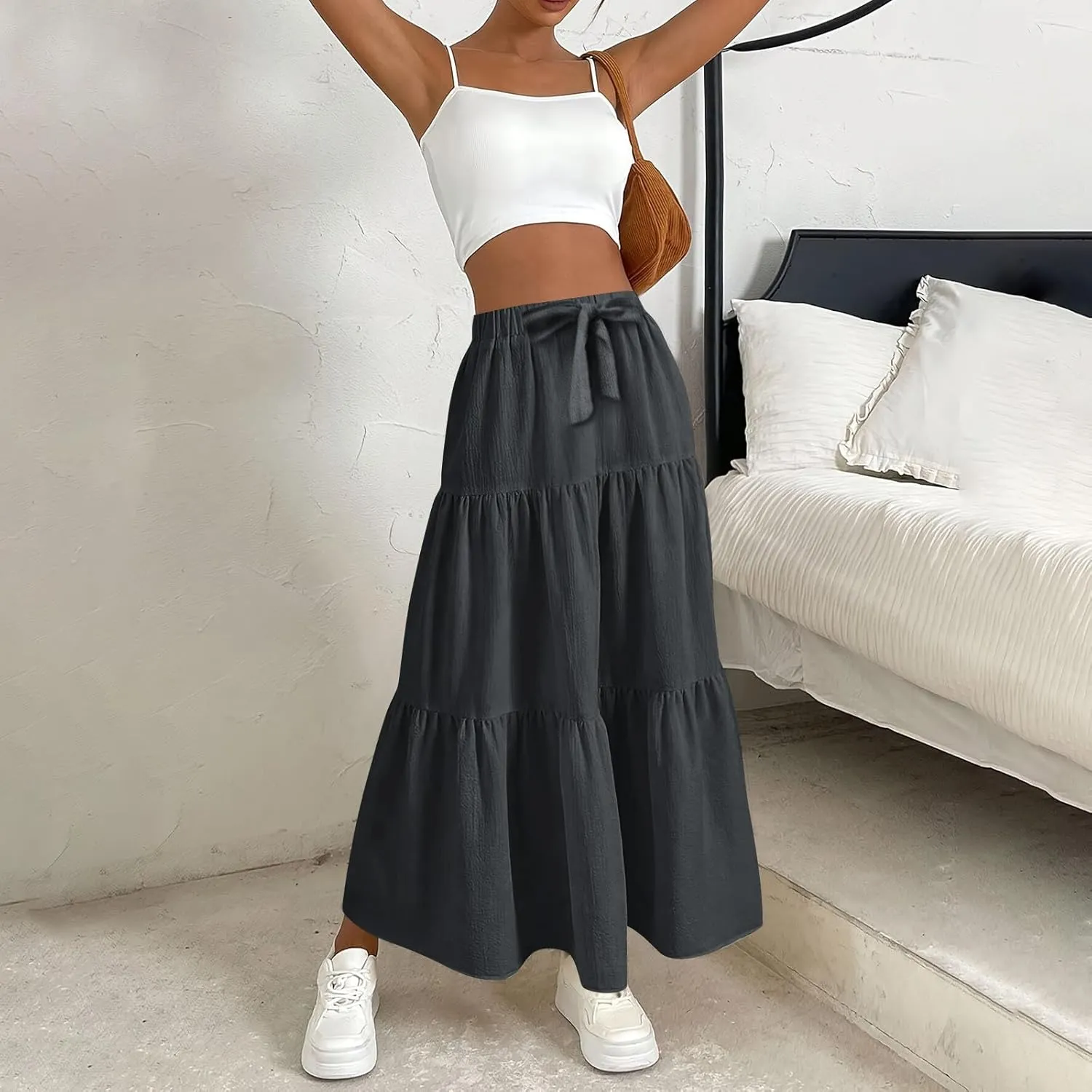 Summer Skirt for Women 2025 Maxi Skirt Drawstring Elastic High Waisted Smocked Tiered Aline Skirts Flowy Long Skirts