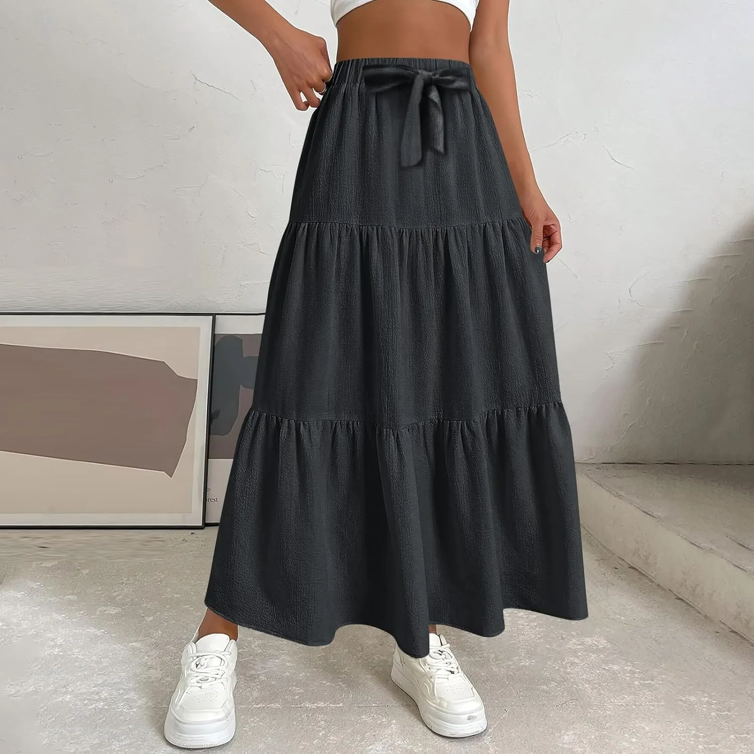 Summer Skirt for Women 2025 Maxi Skirt Drawstring Elastic High Waisted Smocked Tiered Aline Skirts Flowy Long Skirts
