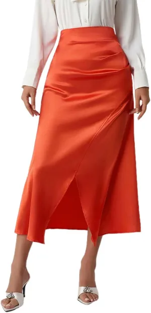 Summer Skirts for Women Business Satin High Elastic Waist Workout Pencil Midi Skirts with Slit Solid Color