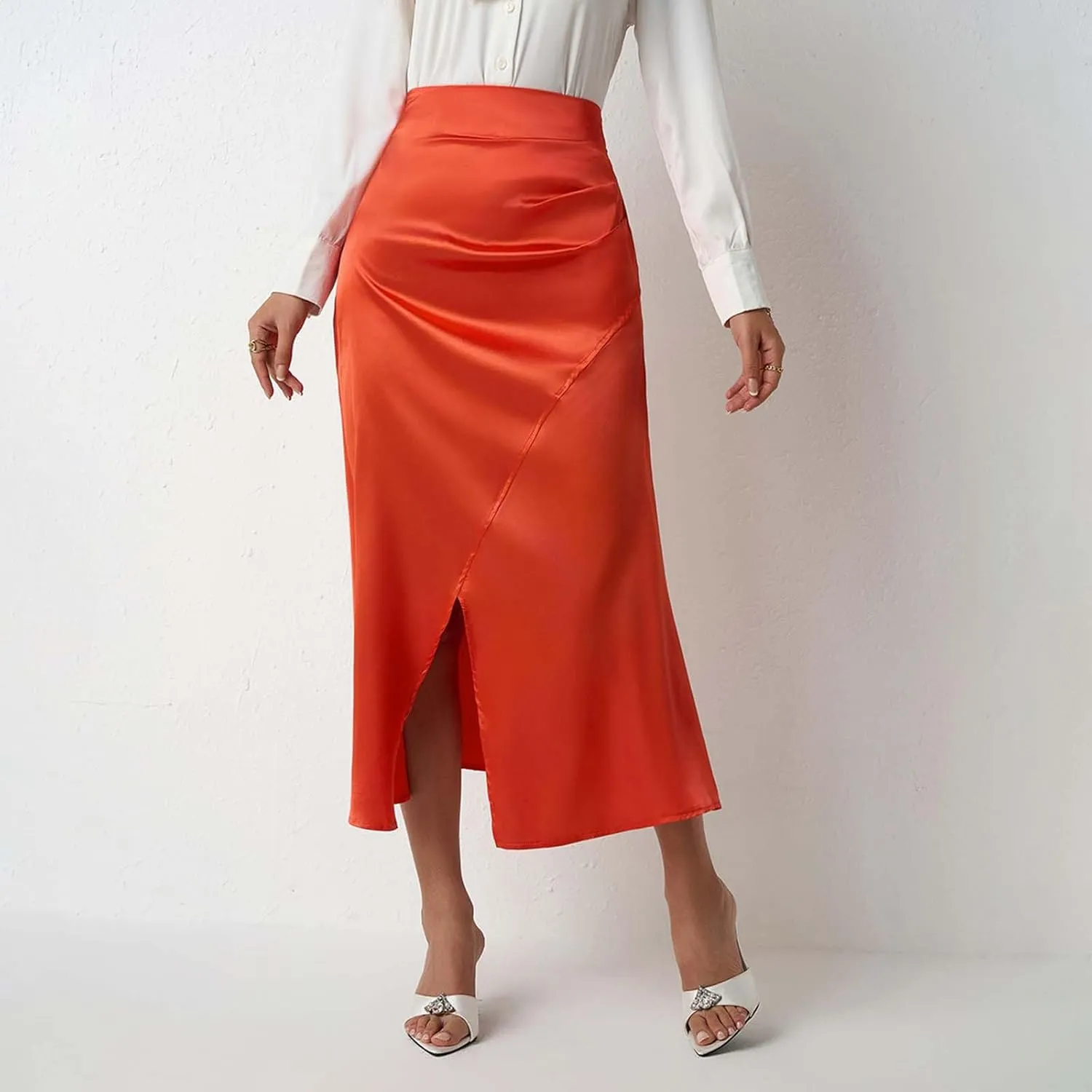 Summer Skirts for Women Business Satin High Elastic Waist Workout Pencil Midi Skirts with Slit Solid Color