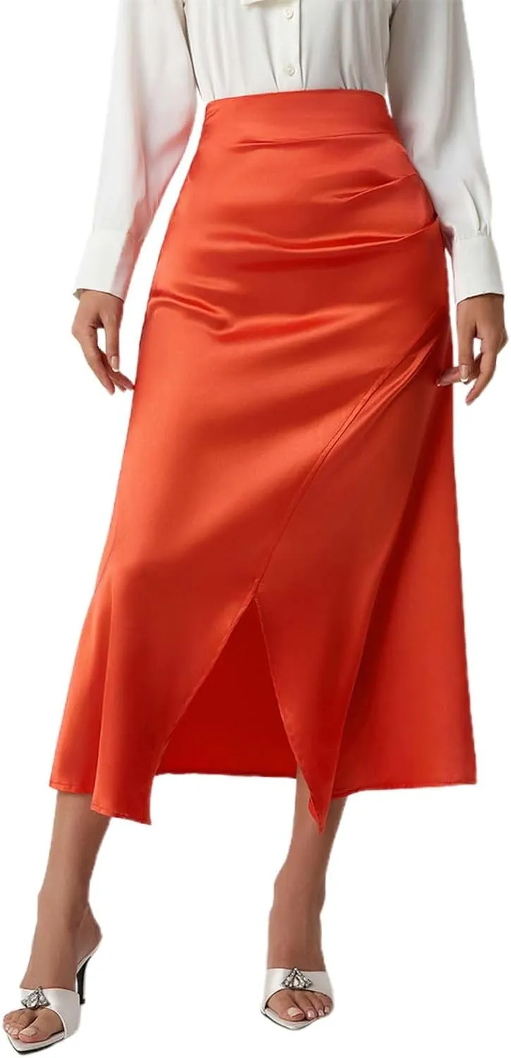 Summer Skirts for Women Business Satin High Elastic Waist Workout Pencil Midi Skirts with Slit Solid Color