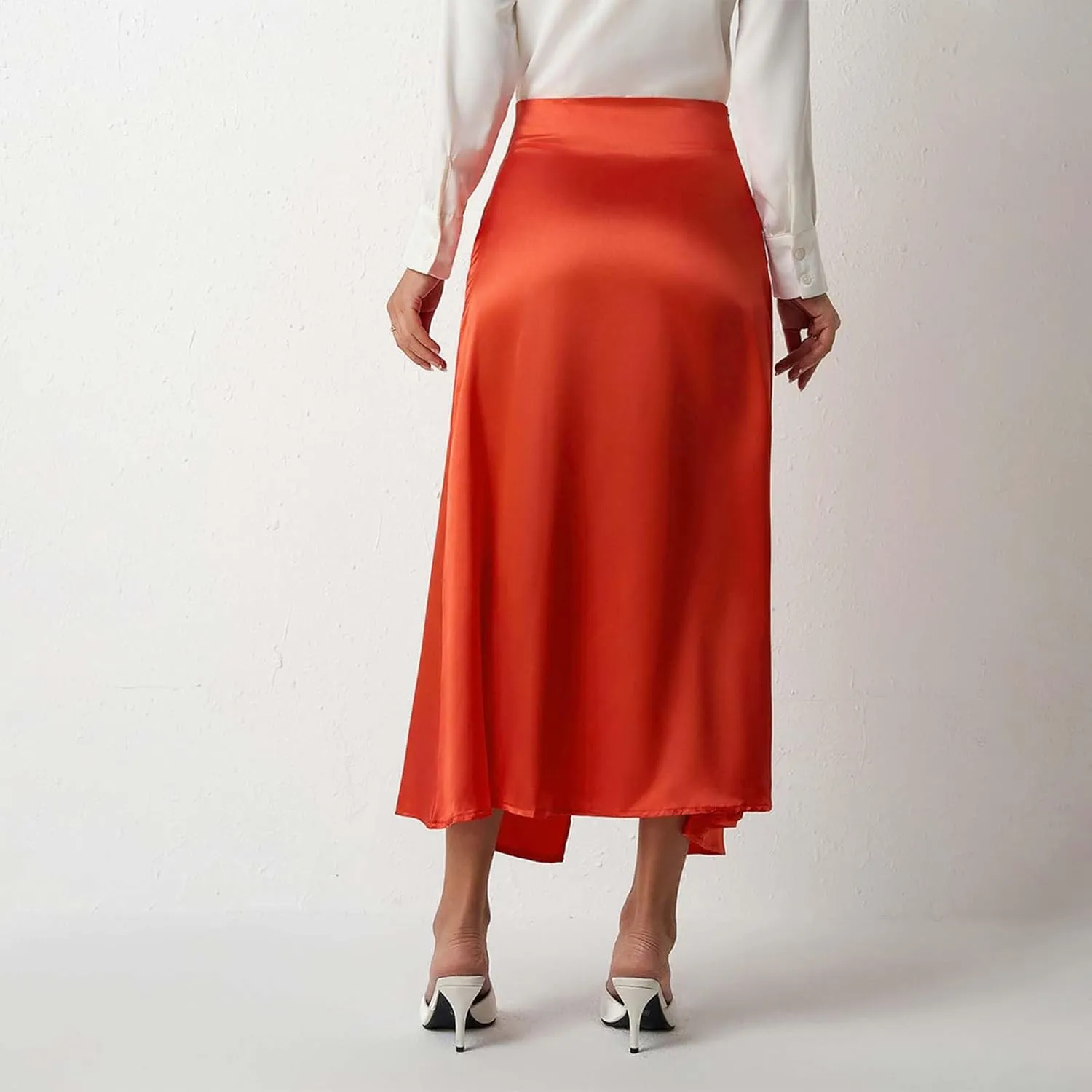 Summer Skirts for Women Business Satin High Elastic Waist Workout Pencil Midi Skirts with Slit Solid Color