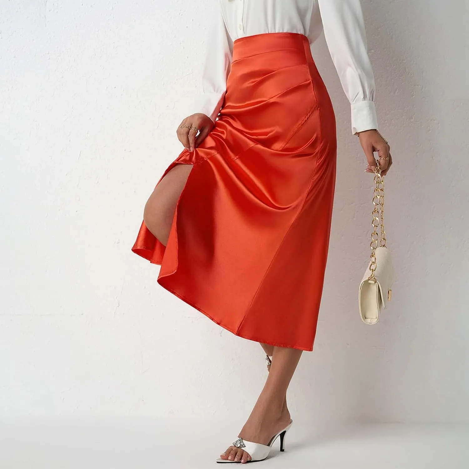 Summer Skirts for Women Business Satin High Elastic Waist Workout Pencil Midi Skirts with Slit Solid Color