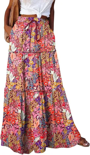 Summer Skirts for Women Flowy Maxi Skirt Drawstring High Waisted Pleated Tiered Aline Skirt Long Skirts with Pockets