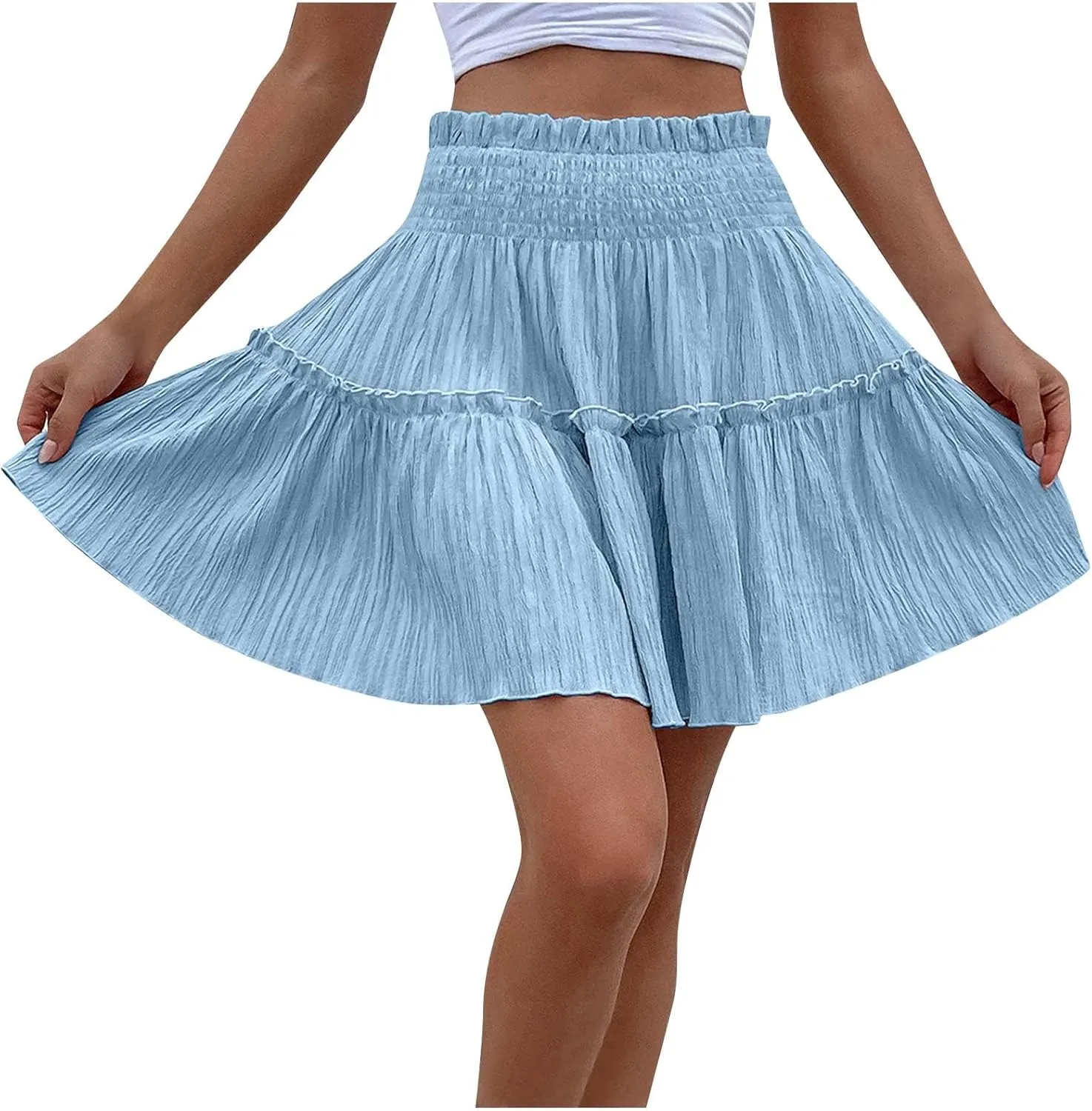 Summer Skirts for Women Flowy Pleated Skirts High Waist Ruffle Skirt Beach Mini Skirts Elastic Waist Vacation Skirts