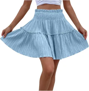 Summer Skirts for Women Flowy Pleated Skirts High Waist Ruffle Skirt Beach Mini Skirts Elastic Waist Vacation Skirts