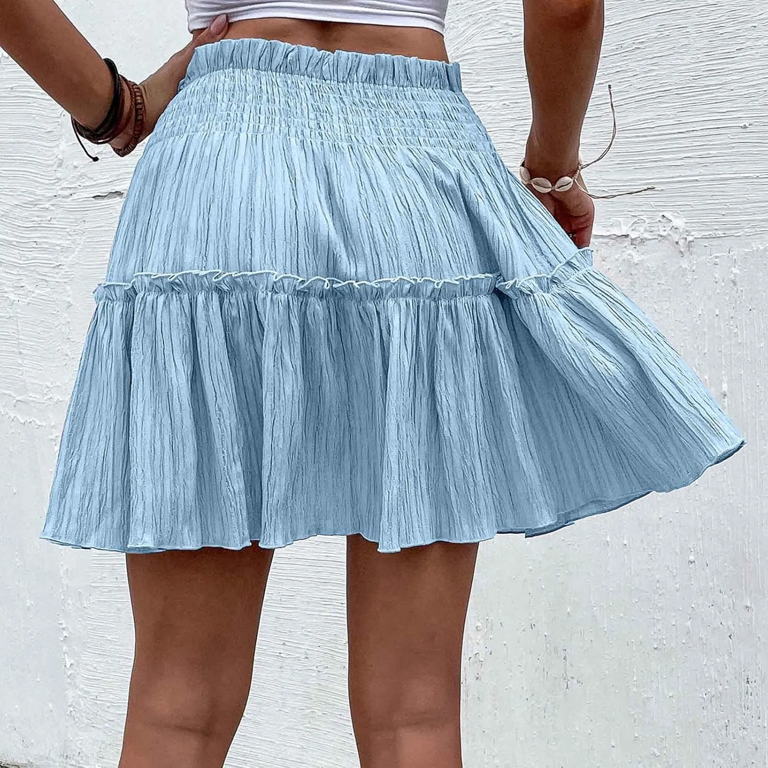 Summer Skirts for Women Flowy Pleated Skirts High Waist Ruffle Skirt Beach Mini Skirts Elastic Waist Vacation Skirts