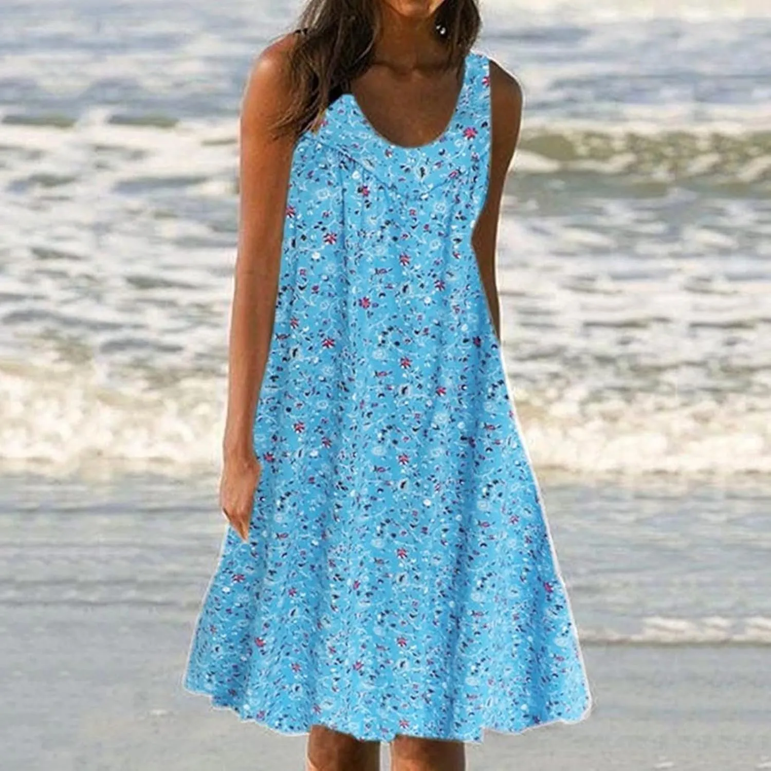 Sun Dresses Women Tank Dress Summer Cute Dresses Short Dress Sleeveless Casual Ruffle Floral Dress with Pockets