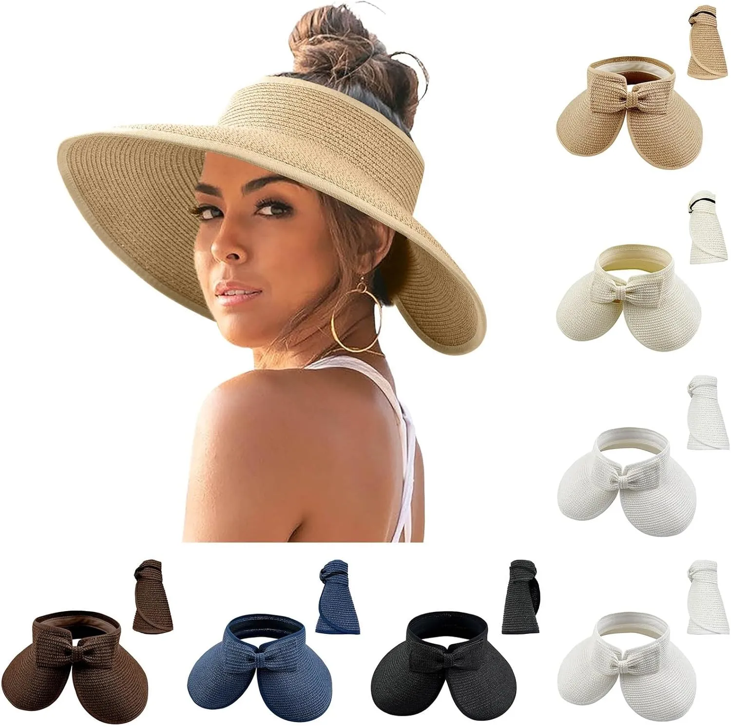 Sun Visor Hats for Women Wide Brim Straw Roll-Up Ponytail Summer Beach Hat Packable Foldable Travel