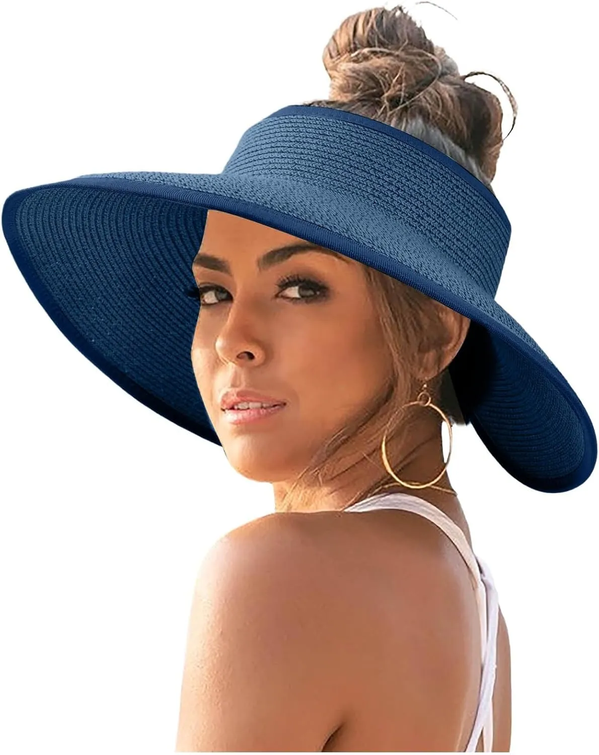 Sun Visor Hats for Women Wide Brim Straw Roll-Up Ponytail Summer Beach Hat Packable Foldable Travel