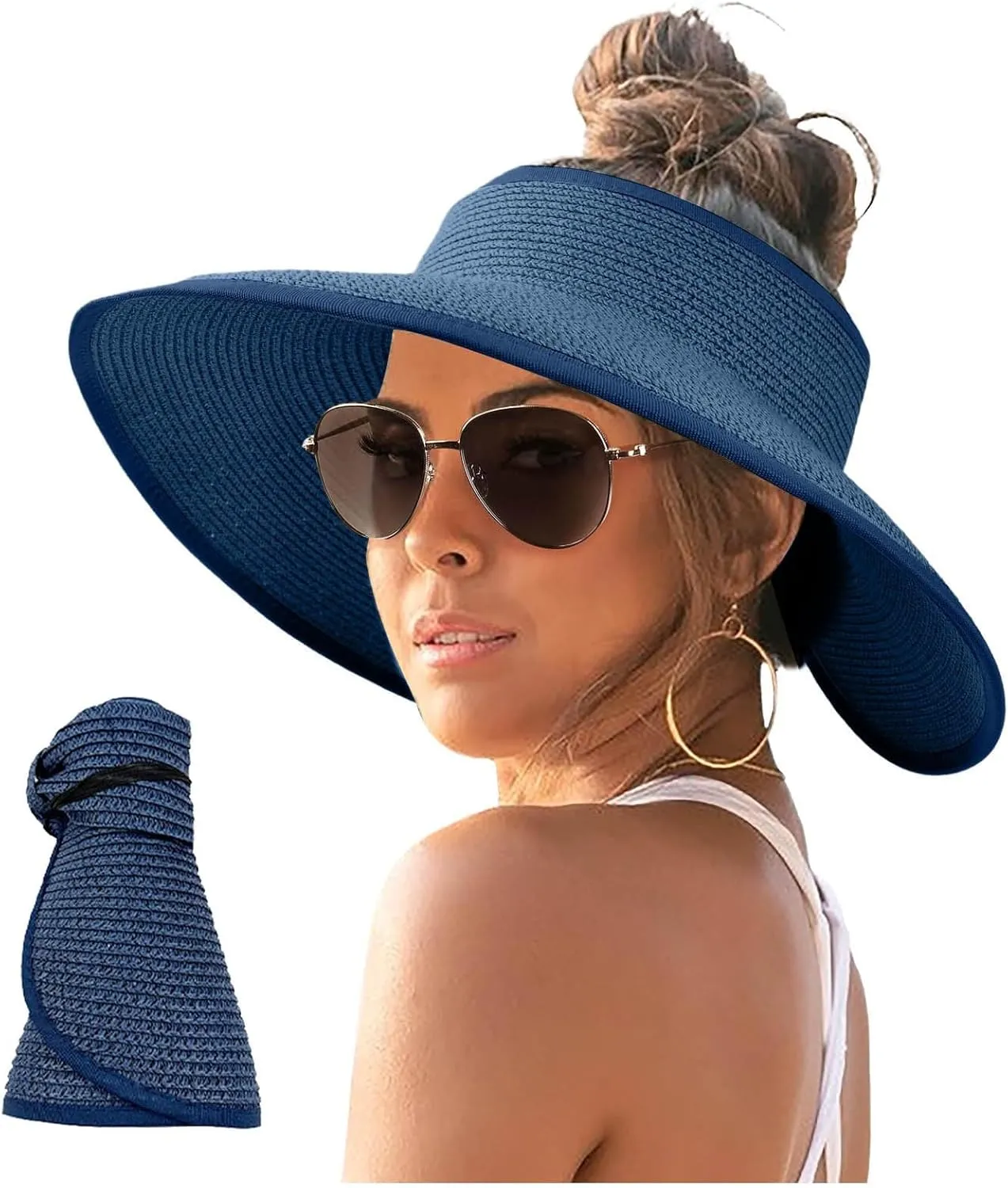 Sun Visor Hats for Women Wide Brim Straw Roll-Up Ponytail Summer Beach Hat Packable Foldable Travel