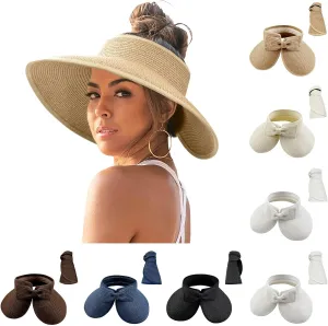 Sun Visor Hats for Women Wide Brim Straw Roll-Up Ponytail Summer Beach Hat Packable Foldable Travel