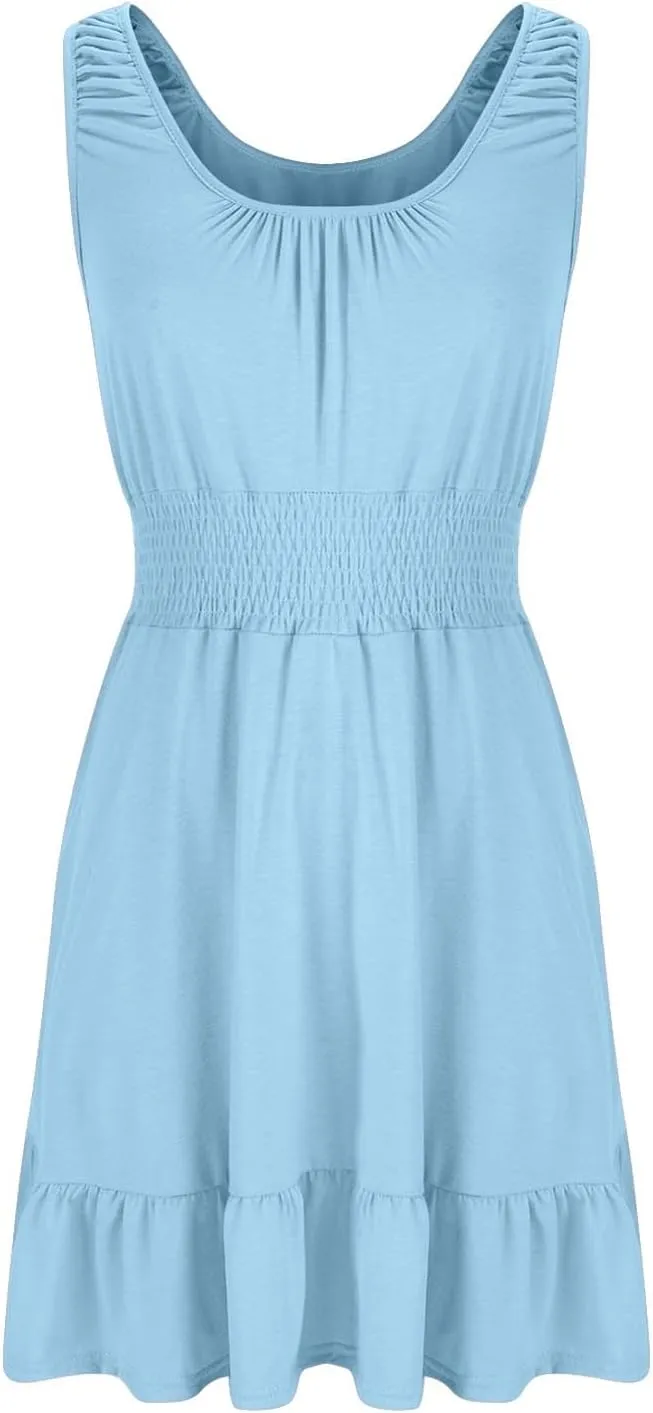 Sundresses for Women 2025 Casual Loose Vacation Dresses Sleeveless Print Dresses Elastic Waist Mini Sundress