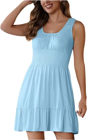 Sundresses for Women 2025 Casual Loose Vacation Dresses Sleeveless Print Dresses Elastic Waist Mini Sundress