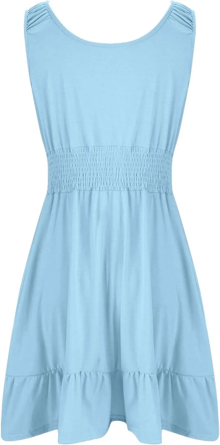 Sundresses for Women 2025 Casual Loose Vacation Dresses Sleeveless Print Dresses Elastic Waist Mini Sundress