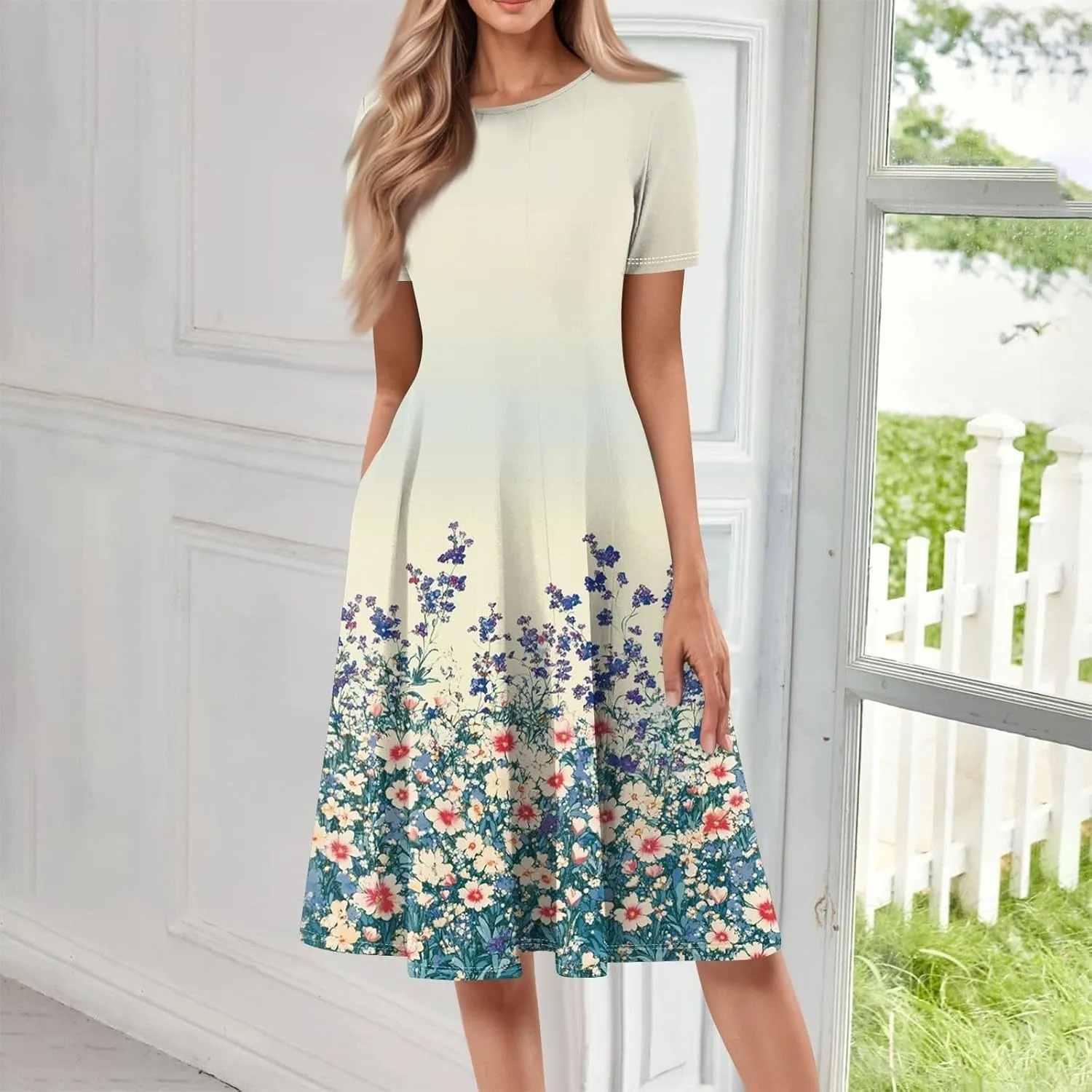 Sundresses for Women 2025 Summer Maxi Loose Floral Comfy Dress Short Sleeve V Neck Prom Flowly Boho Dresses