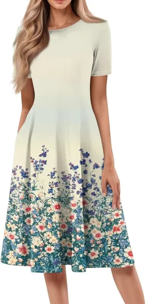 Sundresses for Women 2025 Summer Maxi Loose Floral Comfy Dress Short Sleeve V Neck Prom Flowly Boho Dresses