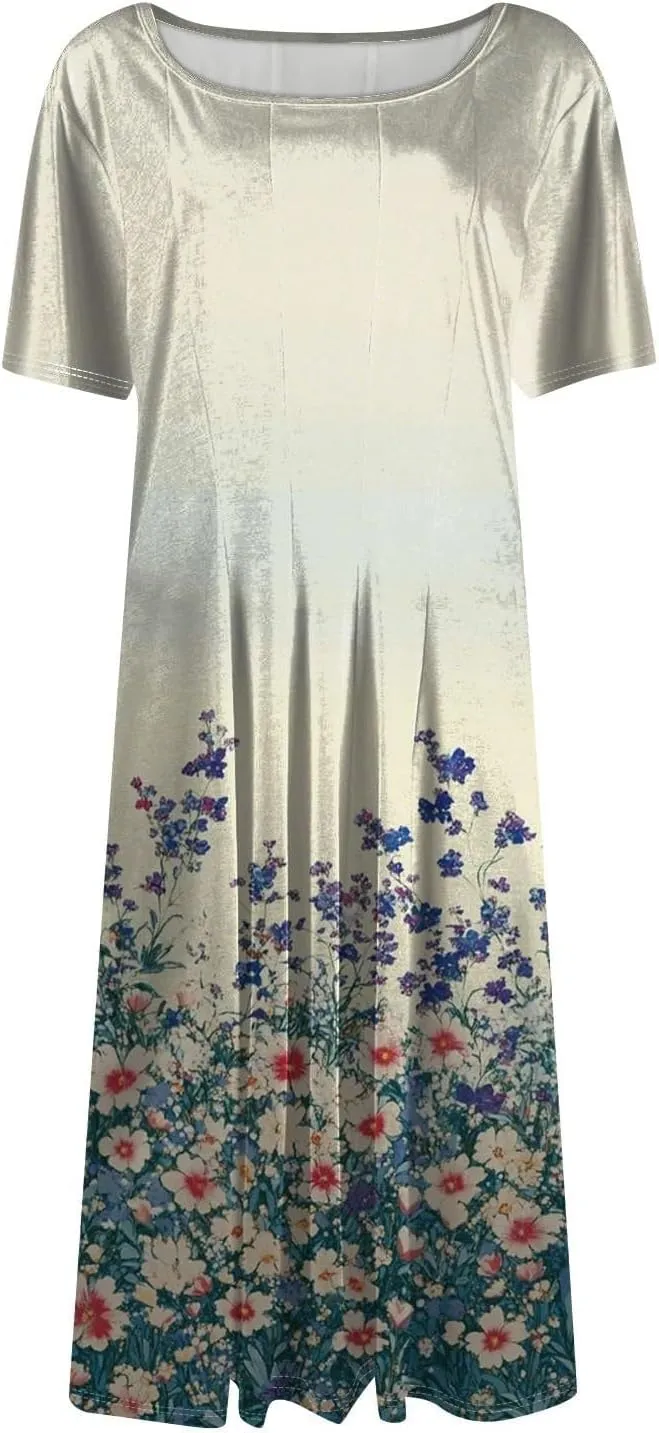 Sundresses for Women 2025 Summer Maxi Loose Floral Comfy Dress Short Sleeve V Neck Prom Flowly Boho Dresses